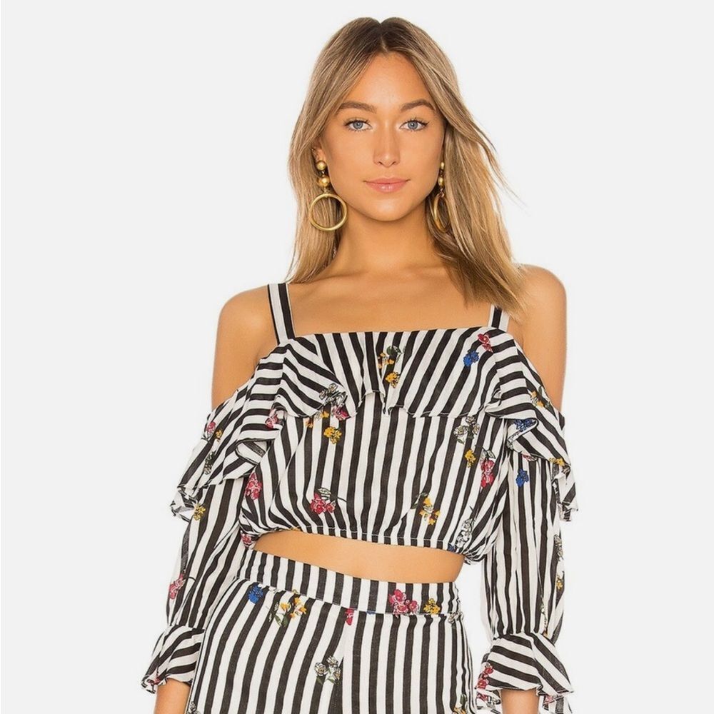 Lovers + Friends Black and White Striped Floral cropped Blouse, S